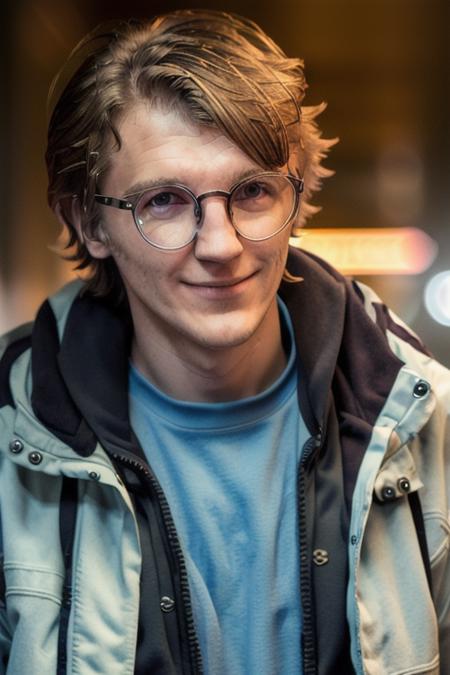 a young man standing in an dishevelled jacket, messy hair, downtown on a rainy midnight, upper body, close up, thin frame glasses, (looking to side:1.3), [evil grin smile], dishevelled, malicious expression, candid, amateur, (raw, 8k, uhd, fujifilm xt3), sharp, ominous lighting, <lora:paulDano:1>