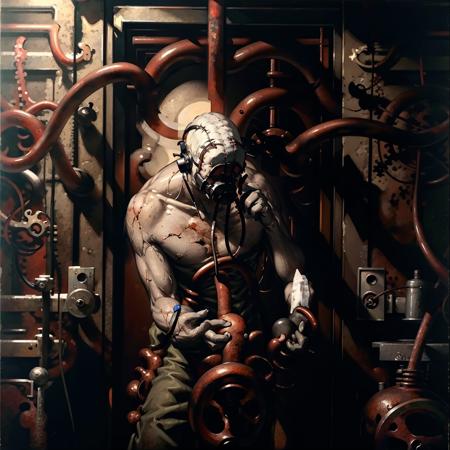 silent hill style, solo, 1boy, male focus, industrial pipe, <lora:SillentHillStyle-000009:1>