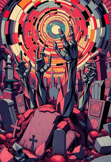 A hyper-stylized anime graveyard, blending the opulent, geometric patterns of Art Deco with the fragmented, multi-angled forms of Cubism. Zombie hands, rendered in bold, Cubist shapes and Art Deco-inspired patterns, burst forth from grave mounds, as if grasping for the living. The graveyard itself is a maze of geometric shapes and fragmented forms, with tombstones, mausoleums, and other monuments broken into multiple, overlapping planes. The background is a swirling, Cubist-inspired vortex of colors and patterns, with Art Deco motifs woven throughout. The overall effect is one of eerie, unsettling energy, as if the viewer is gazing into a fractured, nightmarish world. The zombie hands are depicted in a stylized, fragmented manner, with each finger rendered as a separate, geometric shape, adding to the sense of disjointed, Cubist chaos. highest-Quality, intricate details, visually stunning, Masterpiece