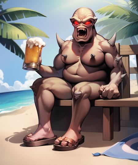 masterpiece, best quality, absurdres, (doomimp:1.3), fat, (obese:1.1), holding beer can, beach, sandals,  nude, sitting, on ground, hand with 3 clawed fingers, white shorts
<lora:doomimp-20:1>