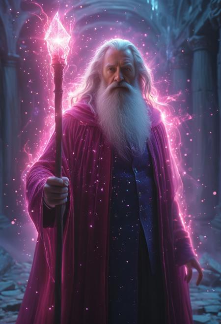Astral Aura, (auralora:1.2), dark fantasy aesthetics, movie poster, centered composition, photography by Doug Aitken. A dark and moody face close-up of an old wizard standing in the halls of a temple ruins wearing a cloak is ((surrounded by ice shards)). The man has a long white beard and is holding a large magical staff that emits a bright pink light that shimmers on his face. Detailed face, detailed skin, skin texture, skin pores, (freckles:0.9). Dust particles, particle system. Gritty, raw, damp, liminal fog, shimmering light. A mesmerizing blend of light and shadows. <lora:Aurastronger_SDXL:1>, astral, colorful aura, vibrant energy, pink magic light, magic aura,