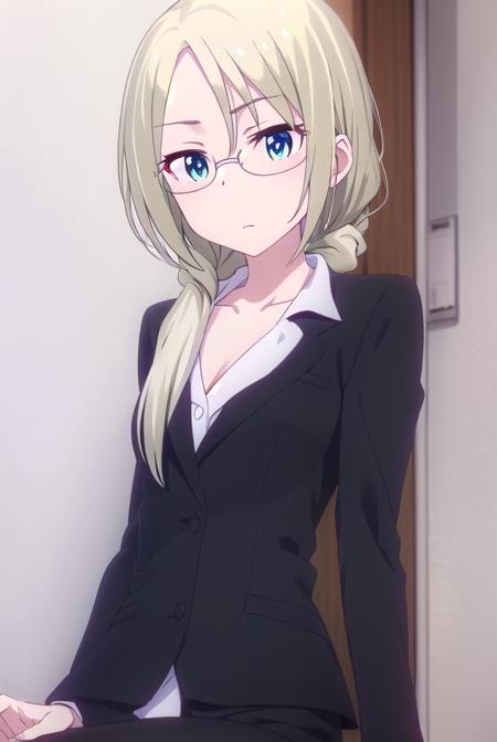 christinawakoyamato, <lora:christina wako yamato s2-lora-nochekaiser:1>, 
christina wako yamato, long hair, blue eyes, blonde hair, (green eyes:1.3), glasses, hair over shoulder, semi-rimless eyewear, low ponytail, under-rim eyewear,
BREAK shirt, collarbone, jacket, white shirt, pants, black jacket, black pants, formal, suit, office lady, pant suit,
BREAK indoors, office,
BREAK looking at viewer, (cowboy shot:1.5),
BREAK <lyco:GoodHands-beta2:1>, (masterpiece:1.2), best quality, high resolution, unity 8k wallpaper, (illustration:0.8), (beautiful detailed eyes:1.6), extremely detailed face, perfect lighting, extremely detailed CG, (perfect hands, perfect anatomy),