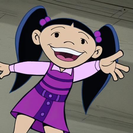 haley_l, black hair, twintails, black eyes, 1girl season1, hair ornament, hair bobbles, stripped dress season2, blouse, bow, purple skirt