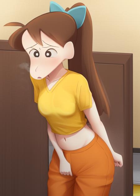 <lora:Ishizaka_Midori-10:1>,1girl, solo, long hair, brown hair,yellow shirt,black eyes, white pupils,ponytail, Orange pants, bouncing breasts, bow, ahoge, hair bow, style parody,big tits, big ass