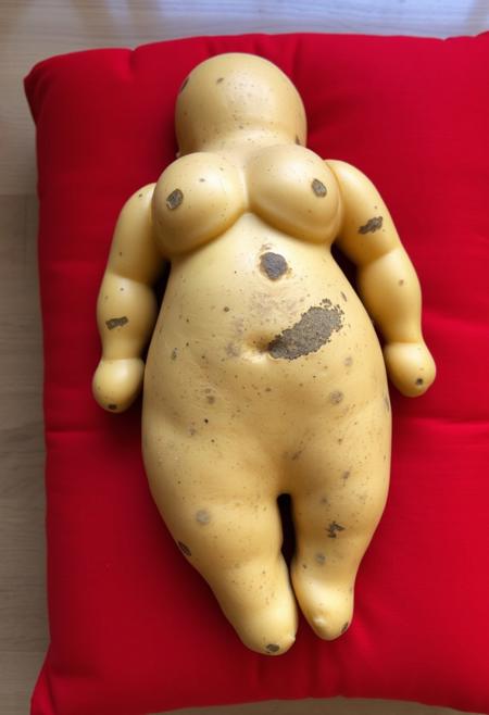 A potato that loosely resemble a  woman shape, this potato looks like it has two arms and two legs with a fat hourglass shape, it is very reminiscent of prehistoric human statuettes of female goddess of fertility. the arms and legs have no distinct features they end up in rounded extremities similar to plush toy arms. the shape of the body looks like if a woman was wearing a dress, there is no gap between the breast.  This is a typical yellow skin potato with brown spots. The potato lays on a red cushion as if it was an object of devotion.