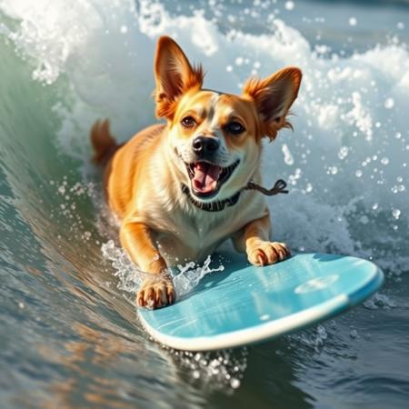 Surfing dog. dynamic angle. splash. grate wave.