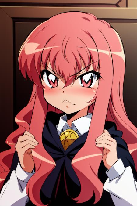 louise zero default, louise francoise le blanc de la valliere, <lora:Louise Zero_v0.2:1>, 1girl, solo, angry, pentacle, cape, long hair, pink hair, wavy hair, pink eyes, portrait, hair between eyes