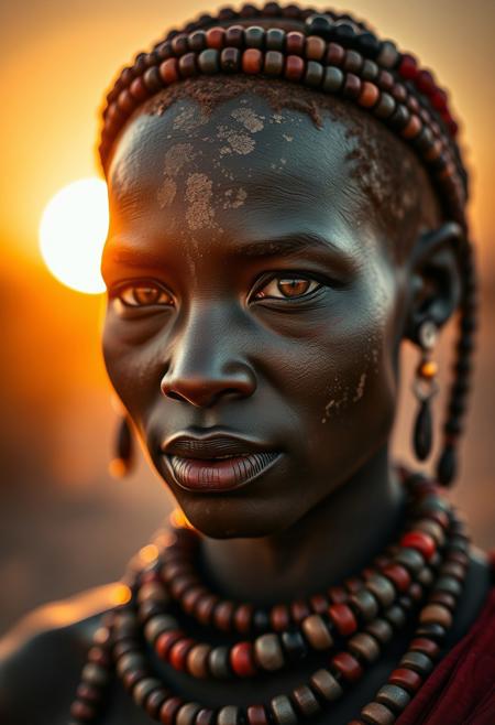 Maasai Warrior Elegance.
Document a woman in traditional beads with a Zeiss Otus 85mm f/1.4 on a Sony A1. Use sunset backlight + golden reflector to highlight ash-covered skin’s matte texture and ochre-painted eyelids. Settings: f/2.8, ISO 100, 1/500s. Magnify amber eyes via focus peaking, isolating every lash against savannah haze. Post-add VSCO Kodak E100 preset for earthy skin fidelity.