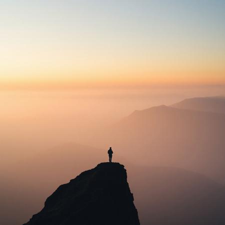 A vast, misty landscape at dawn, with mountains fading into the distance, symbolizing the expansive, emotive quality of post-rock music, with soft, ethereal lighting and a lone figure standing on a cliff, contemplating the view, dreamlike atmosphere, muted colors.