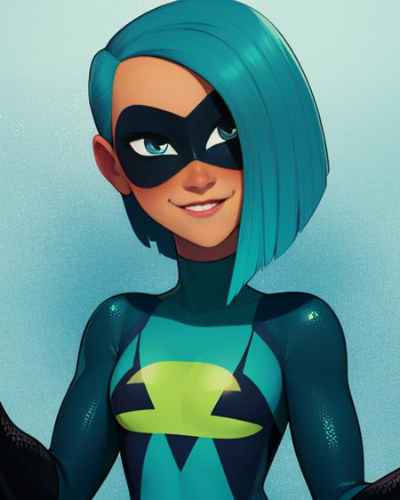 Voyd,blue hair ,dark skin,blue eyes ,short hair, lips, standing, upper body, blushing, smiling, 
VoySui, black domino mask multicolored ,bodysuit, boots, skin tight, green sleeves, 
teal background, portals,  stars,
(insanely detailed, beautiful detailed face, masterpiece, best quality)   <lora:Voyd:0.8>