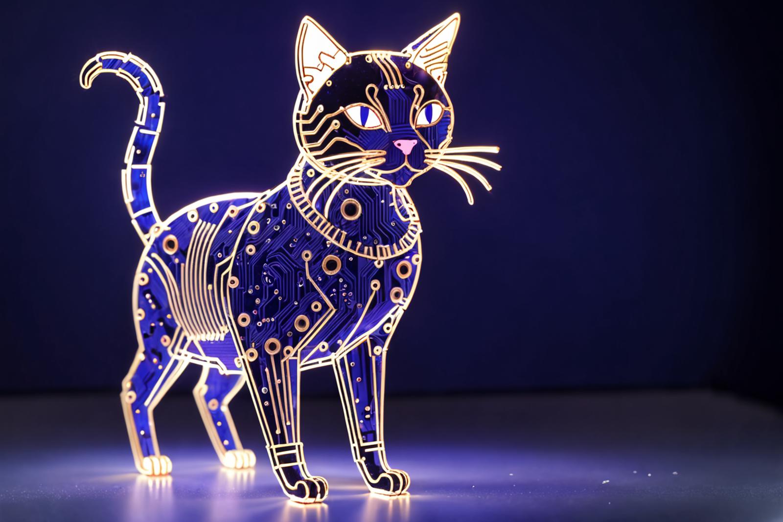 Blue light up cat with a yellow face standing on a blue background.