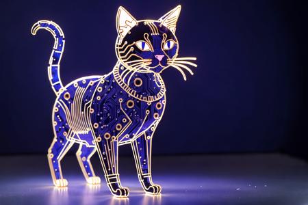 3l3ctronics, (((a cat made out of PCB traces))), capistors, transitors space dark blue and purple backdrop