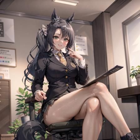 SFW, indoors, satono_crown, solo, (1girl:1.1),  horse_ear, horse_tail, black_side_ponytail, green eyes, smile, office_lady, sitting, crossed legs,  (full_body:0.8), <lora:satono_crown_v1.0_locon_AdamW8bits:0.65>