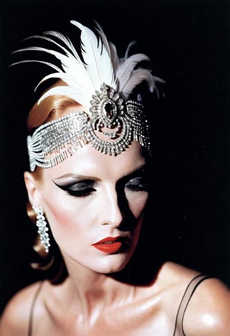 Photo by <lora:HELMUTNEWTON-000001:1> HELMUTNEWTON, photographer,  Close-up, High Key Lighting ,Fujifilm Provia 100F, “Cabaret Glamour”: Backstage at a burlesque show, a dancer adjusts her feathered headpiece. Sequins, red lipstick, and smoky eyes create an aura of sensuality. ,, fashion editorial photography, high-fashion imagery, avant-garde aesthetics, editorial storytelling, conveying fashion trends and concepts, artistic interpretation, expert styling, professional lighting, capturing fashion-forward visuals, creating visual impact, evoking emotion, pushing creative boundaries