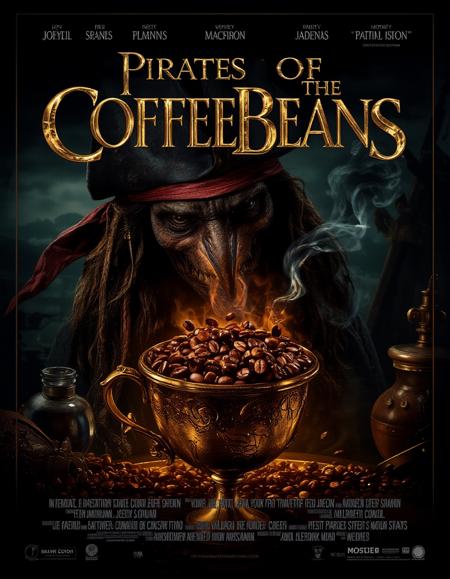 cinematic style, beauty, realism, photorealism, chiaroscuro, high quality mvpstr a movie poster titled "Pirates of the Coffeebeans", with a jack sparrow smelling coffee beans in a golden goblet