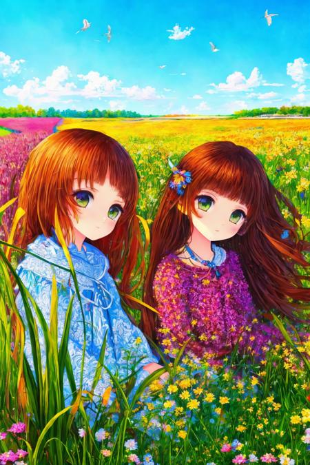 <lora:TaS_v1:1> masterpiece, highly detailed 8k raw photo, best quality, intricate details, 3girls in  xyzdd style, portrait, field of flowers background