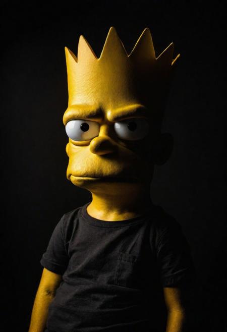 Close-up, (bart Simpson ), grim smile, relaxed pose, portrait movie shot, serious, menacing, chiaroscuro style photo, dark background, minimalism, dramatic lighting, professional quality, dull highlights and shadows, natural and   original, laser eyes