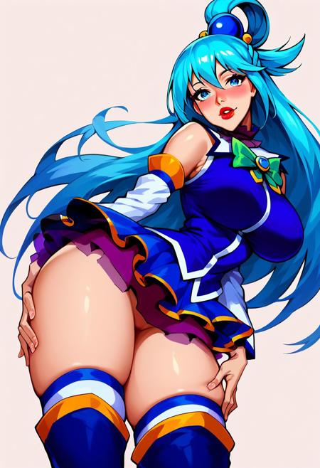 score_9, score_8_up, score_7_up, score_6_up, score_5_up, score_4_up, rating_explicit, source_anime, MENOZIRIATH_STYLE,
Aqua(/Konosuba)/,(ultra HD quality details), pale skin, blue eyes, blue hair, long hair, hair ornament, hair rings, single hair ring
detailed eyes, large breast, wide hips, narrow waist, Expressiveh rating_explicit, big breasts, 
blue footwear, blue hair, blue thighhighs, boots, detached sleeves, thigh boots, thighhighs, white thighhighs, thighhighs, bare shoulders,  blue skirt, blue shirt, green bow,
An exquisite pencil sketch of a mature, alluring woman, aged 25, with black hair by renowned artist Charles Miano. The ink drawing showcases a portrait that exudes elegance and sophistication, with soft lighting and detailed features. The woman's red lips and blue eyes contrast beautifully against her dark hair. The illustrative art features a flowing rhythm and a low-contrast color palette, with a subtle soft blur and thin lines accentuating her graceful and poised demeanor.