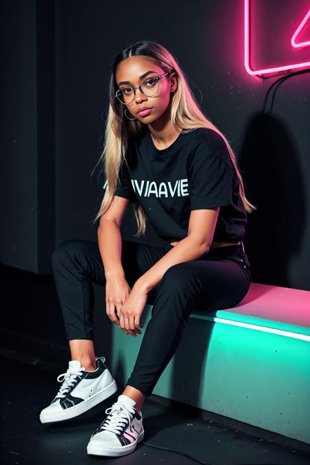 Wave Art Style,  1girl,  black pants,  blonde hair,  crossed legs,  dark skin,  dark-skinned female,  glasses,  lips,  long hair,  looking at viewer,  neon lights,  pants,  round eyewear,  shirt,  shoes,  sitting,  sneakers,  solo, <lora:EMS-49798-EMS:0.600000>