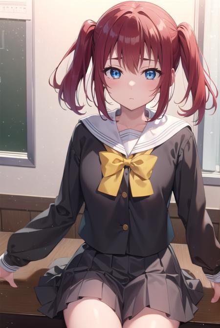 rubykurosawa, <lora:rubykurosawa-lora-nochekaiser:1>, 
ruby kurosawa, aqua eyes, medium hair, red hair, two side up, twintails, (flat chest:1.2), 
BREAK black socks, bow, bowtie, brown footwear, buttons, grey sailor collar, grey skirt, loafers, long sleeves, miniskirt, pleated skirt, sailor collar, school uniform, serafuku, shirt, shoes, skirt, uranohoshi school uniform, white shirt, winter uniform, yellow bow, yellow bowtie,
BREAK looking at viewer, 
BREAK indoors, classroom, 
BREAK <lyco:GoodHands-beta2:1>, (masterpiece:1.2), best quality, high resolution, unity 8k wallpaper, (illustration:0.8), (beautiful detailed eyes:1.6), extremely detailed face, perfect lighting, extremely detailed CG, (perfect hands, perfect anatomy),