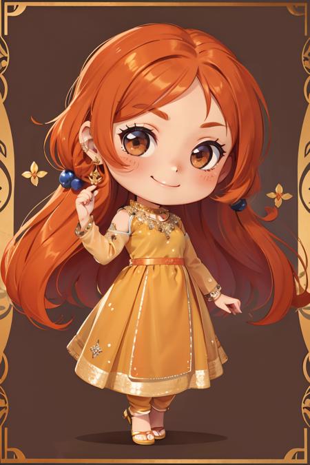 (chibi:1.2),1woman, beautiful, alluring, cute face, detailed, smirk, masterpiece, full body shot, orange, salwar, kameez,chibi <lora:Salwaar Kameez By Stable Yogi:0.6>,<lora:GoodHands-beta2:1>