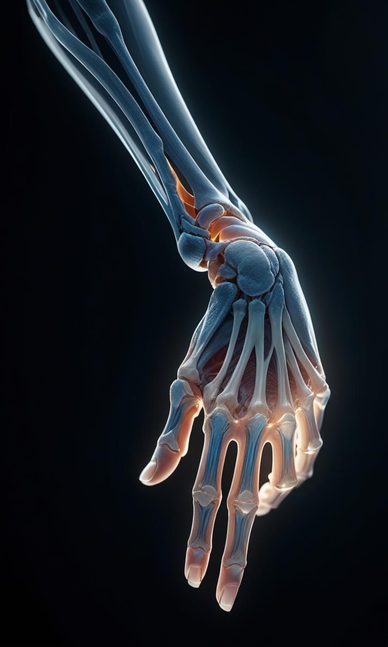 The skeletal structure of a human hand in a dark background.