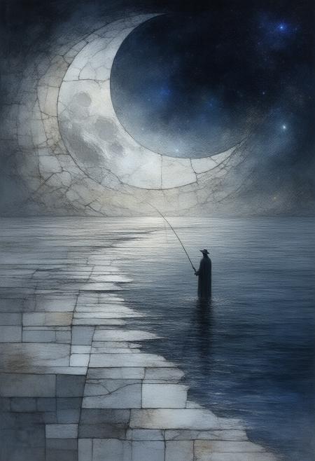 A haunting and evocative depiction of a mysterious figure fishing on a curved surface resembling a crescent moon, rendered in a Cubist stained-glass style, exploring themes of isolation, reflection, and the search for meaning amidst a vast and indifferent universe. The scene explodes into geometric shards, showcasing fragmented perspectives of the figure, the shimmering surface of the crescent moon, and a dark, star-strewn sky that dwarfs the landscape. The palette utilizes deep indigo and charcoal gray for the shadows, vibrant silver and gold to capture the moonâs ethereal glow, and splashes of crimson to symbolize unknown depths. Photorealistic textures of weathered stone, flowing water, and the figureâs worn clothing harmonize with the fractured composition, creating a powerfully symbolic portrait of introspection, resilience, and the enduring human need to connect with something larger than oneself. Ultra detailed, 8k resolution, volumetric lighting, octane render, emphasizing the interplay of light and shadow and evoking a feeling of cosmic melancholy and quiet determination.