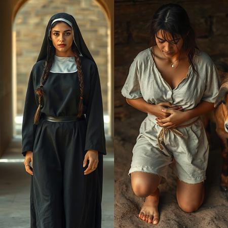 A young woman, 18 years old, with sun-kissed skin and a full, real body shaped by work and silence. Her long dark hair is braided tightly under a black nun's veil. In one scene, she wears a traditional nun's habit—tight at the waist, flowing around her legs, hinting at her full breasts and strong thighs beneath. Her eyes are deep brown with a red hue in the light, calm but intense, walking through a stone cloister with a heavy, holy grace.
In contrast, she appears barefoot in a second scene, wearing a short white linen shirt soaked with sweat, clinging to her back and chest. Her rough wool pants are tied with a rope. A drop of sweat rolls down her neck, disappearing between her breasts as she kneels to milk a goat. Her hair is loose, tied only by a faded ribbon. Her presence is both earthly and sacred. The ground knows her. And bows.