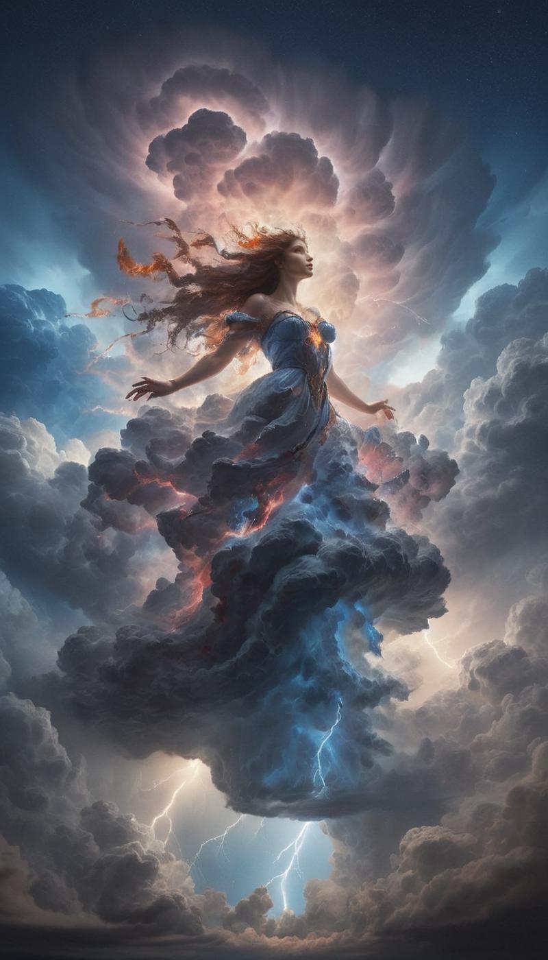 An angelic woman in a blue dress and wings, surrounded by clouds and lightning.