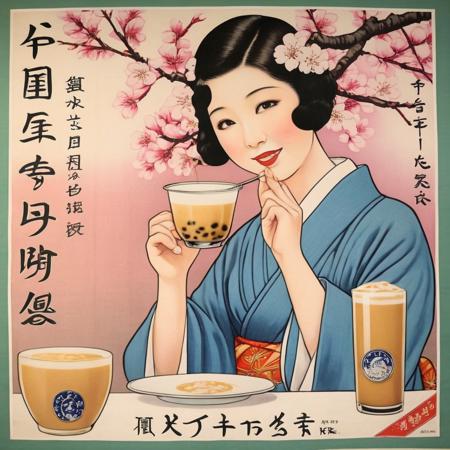 A photorealistic representation of a 1930s Japanese propaganda poster featuring an individual sipping on bubble tea. The individual should be dressed in period-appropriate attire, capturing the fashion and culture of 1930s Japan. The bubble tea should be clearly visible, with pearls at the bottom of the glass and a straw. The poster should include Japanese text that promotes the drink or a related message, rendered in a font or calligraphy style that is authentic to the period. The color scheme should be vintage, perhaps with sepia tones or muted colors to evoke a sense of nostalgia. The background could include iconic Japanese elements like cherry blossoms, Mount Fuji, or traditional architecture. The overall composition should be balanced and aesthetically pleasing, capturing the essence of the era,<lora:oldjpposter:0.55>