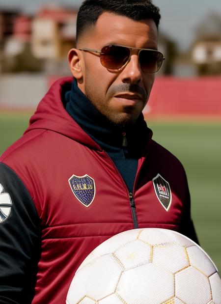 portrait of sks man (tevez:1), serious look with very short hair, dressed with red jacket and aviator glasses, holding a (soccer ball:1.3), (outdoors:1.2), natural lighting, 4k, 8k, 8k realistic, sharp focus, intricate, high resolution  <lora:tevez:1>