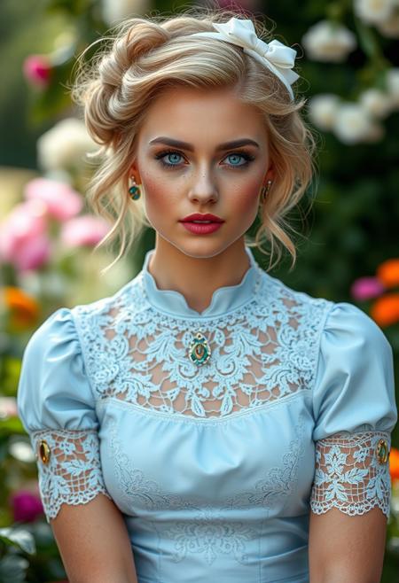 A portrait of an attractive 25 year old female, (cute round face with freckles:1.2), wavy bright blonde hair tied up with white bow, huge blue eyes, professional sexy makeup, delicate feminine jewellery, (light blue silk dress:1.2),(intricate lace detailing:1.2),(white stockings), blue heels, (beautiful garden party:0.8), (soft focus), (photorealistic), highly detailed, perfect detail, (masterpiece:1.2),