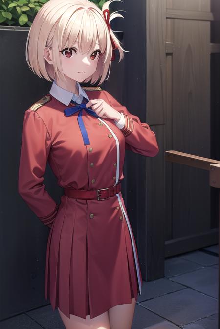 chisatonishikigi, <lyco:chisatonishikigi-lyco-nochekaiser:1>, 
nishikigi chisato, short hair, bangs, blonde hair, (red eyes:1.5), hair ribbon, one side up, bob cut, <lora:talkmouth_I_v100:1>,
BREAK shirt, long sleeves, dress, ribbon, white shirt, collared shirt, belt, neck ribbon, red dress, blue ribbon, pleated dress, grey dress, two-tone dress, red belt, lycoris uniform,
BREAK outdoors, city,
BREAK looking at viewer, (cowboy shot:1.5),
BREAK <lyco:GoodHands-beta2:1>, (masterpiece:1.2), best quality, high resolution, unity 8k wallpaper, (illustration:0.8), (beautiful detailed eyes:1.6), extremely detailed face, perfect lighting, extremely detailed CG, (perfect hands, perfect anatomy),