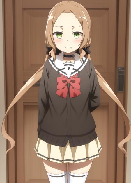 <lora:Inubouzaki_Fuu-10:0.8>,Inubouzaki_Fuu, 1girl, solo,smile, skirt,brown hair, shirt, thighhighs, long sleeves,bow, twintails,light green eyes, very long hair,school uniform, pleated skirt, shoes, serafuku, choker, miniskirt, bowtie, sailor collar, black footwear, red bow, white thighhighs,low twintails, black choker, white skirt, cardigan, loafers, red bowtie, forehead, white sailor collar