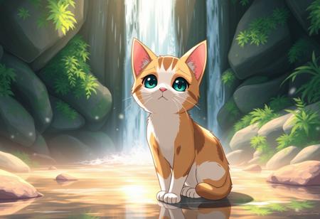 cute cat in front of waterfall, anime style