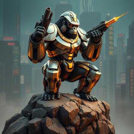Create a highly detailed, 4K image of a gorilla robot on a rocky outcrop, inspired by Uragami Gyokudō and Alphonse Mucha's Art Nouveau style, with sleek silver armor and golden accents, in a dynamic pose under heavy fire, set against a dark pastel-colored metropolis background with micro details and lifelike textures, incorporating Japanese text, and adhering to the golden ratio. Ensure the image is ultra-wide angle, hyper-realistic, and has an alluring, high-fashion aesthetic, reminiscent of Naomi Campbell. Include advanced technology UI elements and maintain a balance between light and dark pastel colors.