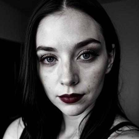 dark shot, face photo of 28 y.o pale woman, makeup, film grain