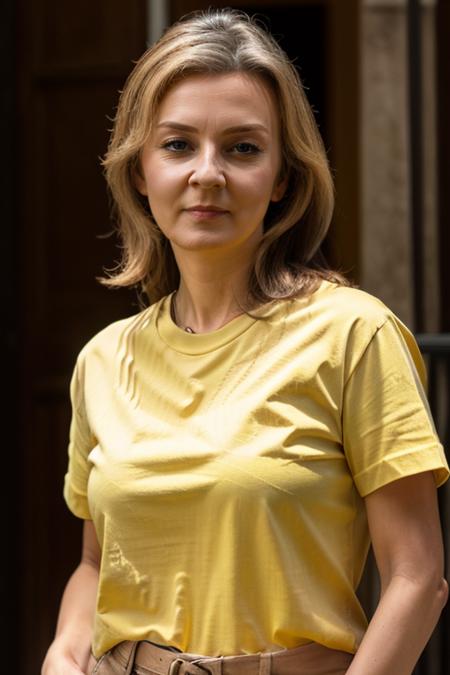 <lora:Liz_Truss:1> masterpiece, best quality, detailed face, 1woman, solo, a mature l1873t, realistic, yellow t-shirt