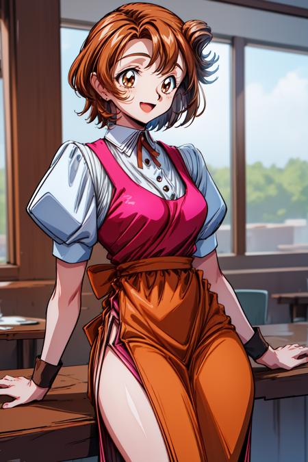 1girl, restaurant, smile, open mouth, cowboy shot, 
vg_satomi, brown eyes, brown hair, short hair, bangs, ribbon, wristband, puffy sleeves, puffy short sleeves, white shirt, shirt, apron, side slit, <lora:VG_satomi_lora_ver:0.7>, best quality, masterpiece, highres, <lora:GoodHands-vanilla:1>