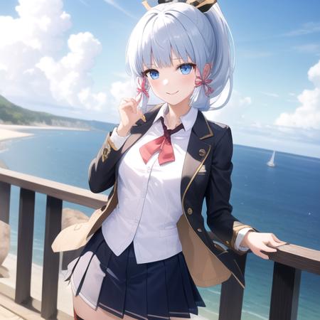 ((masterpiece)),(best quality),official art,extremely detailed CG,unity 8k wallpaper,ultra detailed,A lighthouse on a cliff by the sea,1girl,solo,cowboy shot,looking at viewer,high_ponytail,long_hair,blunt_bangs,blue_eyes,white_shirt,black_jacket,red_tie,hair_ornament,hair_ribbon,light_blue_hair,smile,sidelocks,medium breasts,pleated_skirt,long_sleeves,school uniform,blue_skirt,loafers,white_thighhighs,mole_under_eye,<lora:Kamisato Ayaka(gen)>,