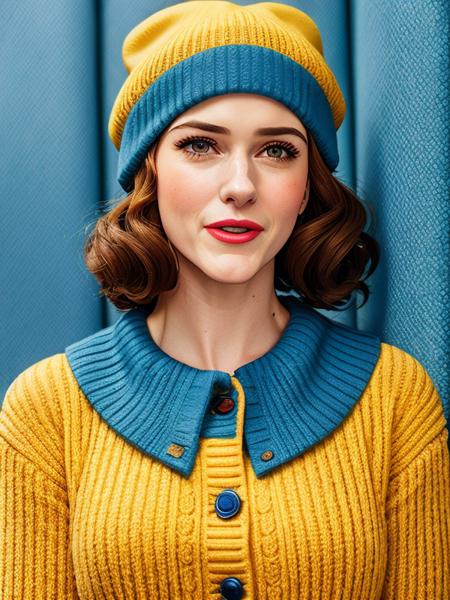 photo of (mrsmaisel:0.99) Wearing a blue sweater with a yellow cardigan and a red beret, detailed face, realistic skin, high quality, (brown eyes:1.1), Leica 50mm, f1. 4, natural light, grainy, (high detailed skin:1.2), high detail