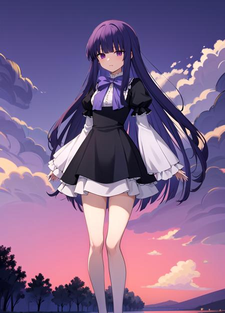 masterpiece, best quality, highres, background red clouds, background red field, long hair, blue hair, blunt bangs, purple eyes, bowtie, frills, black dress, puffy sleeves, short over long sleeves, long sleeves, legs, dress, <lora:Frederica Bernkastel anylora8ep40r50r80r-000006:0.7>,  standing, outdoors