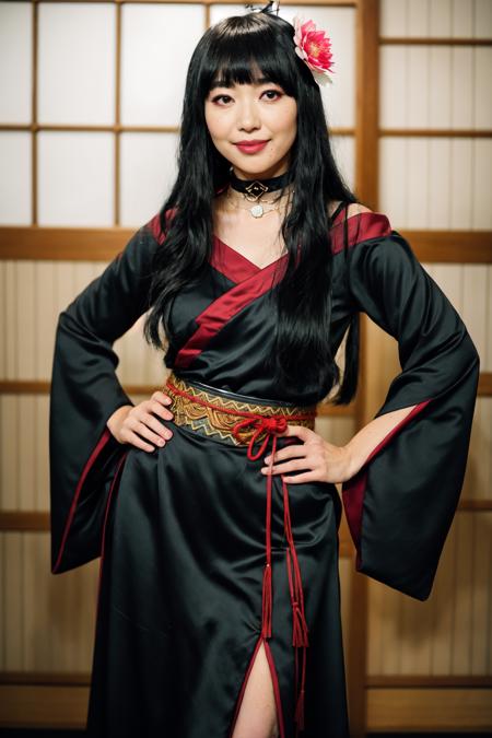 Yotsuyu FFXIV,  1girl,  bangs,  bat hair ornament,  black choker,  black hair,  black kimono,  blunt bangs,  blurry,  blurry background,  choker,  cowboy shot,  flower,  hair flower,  hair ornament,  hand on hip,  hyur,  japanese clothes,  kimono,  lips,  long hair,  looking at viewer,  mole,  mole under mouth,  obi,  off shoulder,  sash,  solo,  standing,  wide sleeves, <lora:EMS-49404-EMS:0.500000>