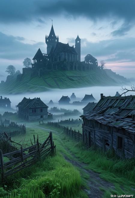 An abandoned village is immersed in thick fog at dawn. Half-collapsed houses with roofs collapsed inward, broken fences, a street overgrown with grass. In the distance, in the background, the outlines of a ruined castle, once the center of these places, can be seen from the fog. style by Lovecraft, meticulous, intricate, entangled, intricately detailed