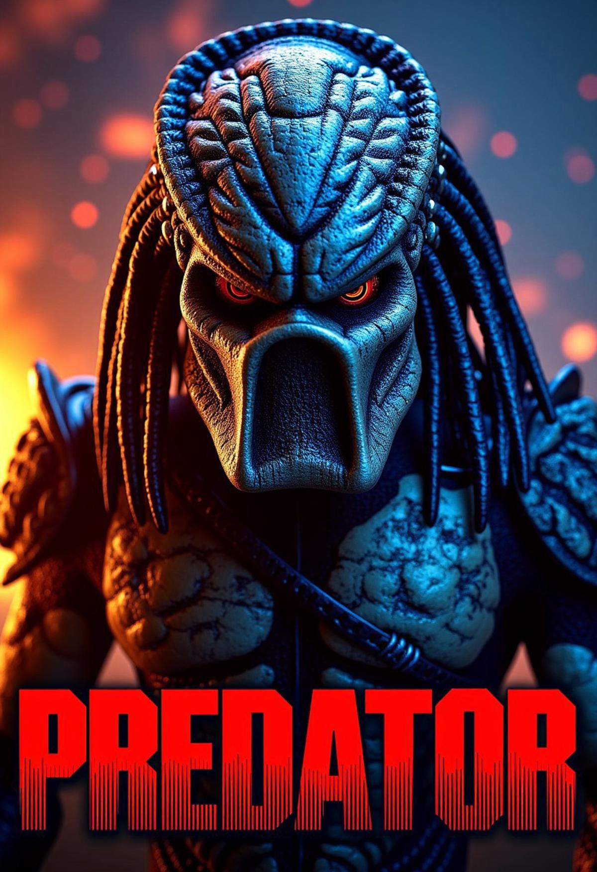 Design a 4k poster featuring a complex Predator theme with a complex front view looking at me headshot of a Predator raged with anger --electric 100 hues flying everywhere, --q 200 --glitchcore 900.