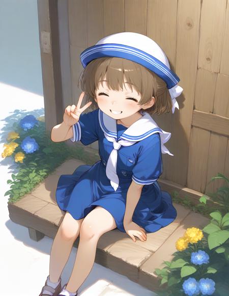 okazaki_ushio,brown hair,white sailor collar,blue sailor dress,sailor hat,white bow,white neckerchief,flat chest