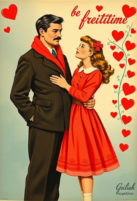 Soviet poster. A man holds a girl by the waist. The inscription on the poster: "be fruitful". In the background, a Valentine's card on the entire wall
