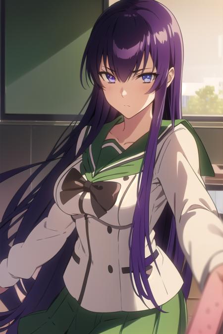 saekobusujima, <lora:saekobusujimatest:1>,
saeko busujima, long hair, purple hair, (purple eyes:1.1), hair between eyes,
BREAK skirt, long sleeves, bow, school uniform, serafuku, green skirt,
BREAK looking at viewer,
BREAK indoors, classroom,
BREAK <lora:GoodHands-vanilla:1>, (masterpiece:1.2), best quality, high resolution, unity 8k wallpaper, (illustration:0.8), (beautiful detailed eyes:1.6), extremely detailed face, perfect lighting, extremely detailed CG, (perfect hands, perfect anatomy),