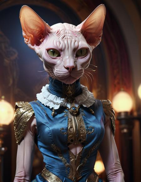 award winning concept art, angle view, close up, humanoid sphynx cat, female, victorian-style clothing, chroma, rim lighting, volumetric, 8k resolution, trending on art station  <lora:xl_more_art-full_v1:0.8>