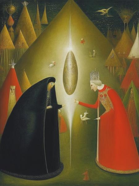 <lyco:LeonoraCarrington:1.0> Artwork by Leonora Carrington. There is a meeting between a Queen and another woman, who holds a baby. The Queen is about to take the baby, and raise him as her own son.